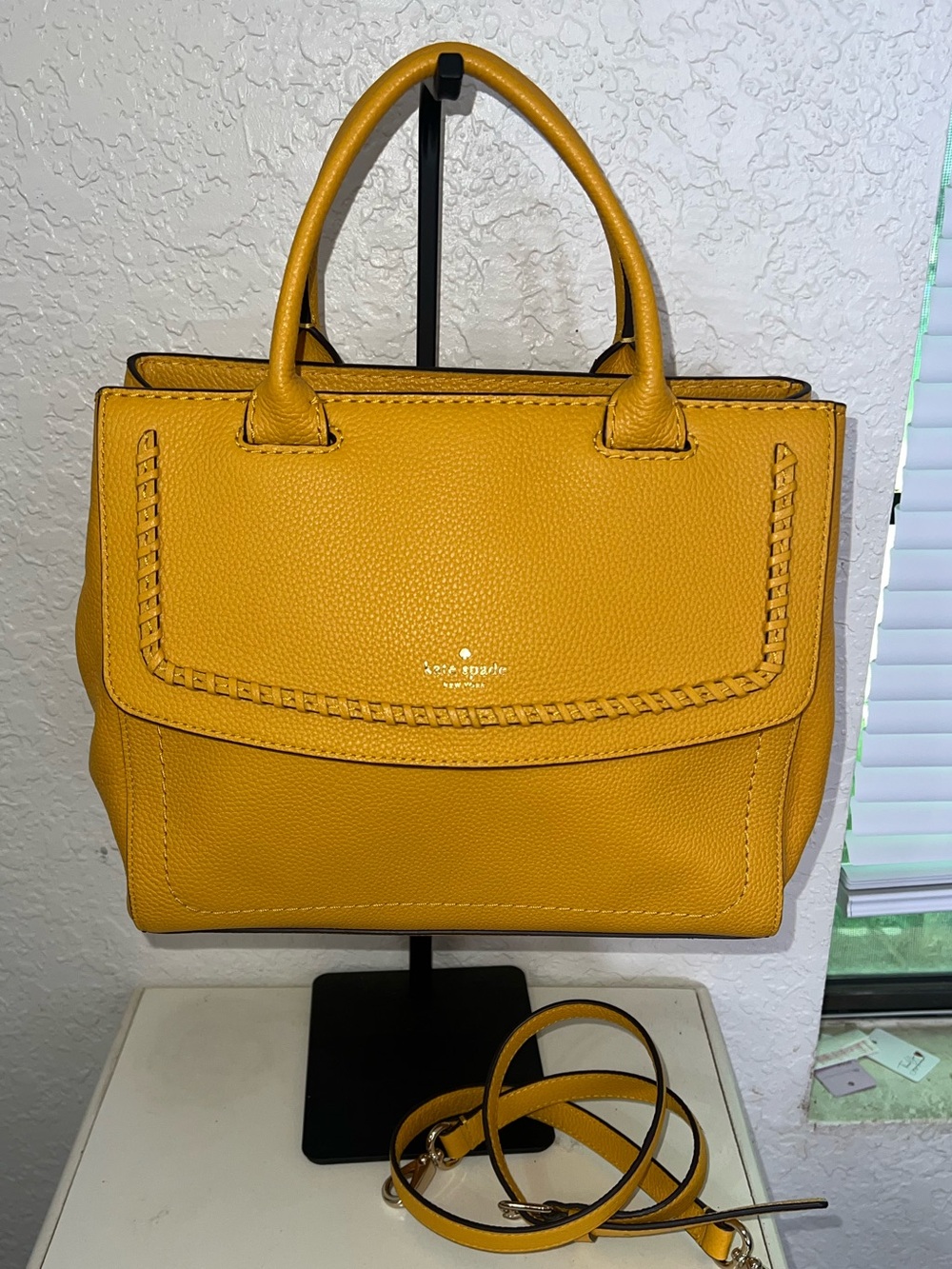Kate Spade Mustard Yellow Structured Flap Satchel with Braided Trim